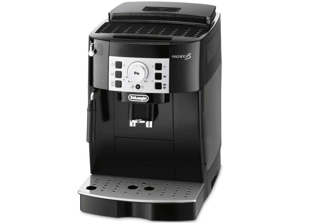 Czarny ekspres do kawy z panelem sterowania z pokrętłem i przyciskami. Widoczne logo \'DeLonghi\' oraz napis \'Magnifica S\'.