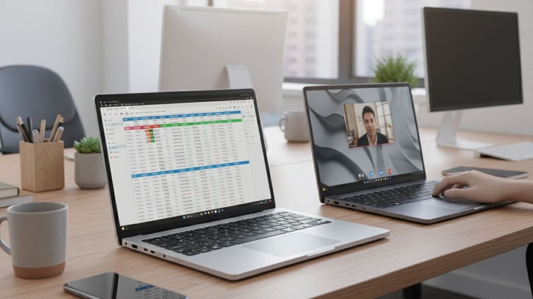 Dwa laptopy Dell Pro z ekranami Full HD są używane w biurze do arkuszy kalkulacyjnych i wideokonferencji.
