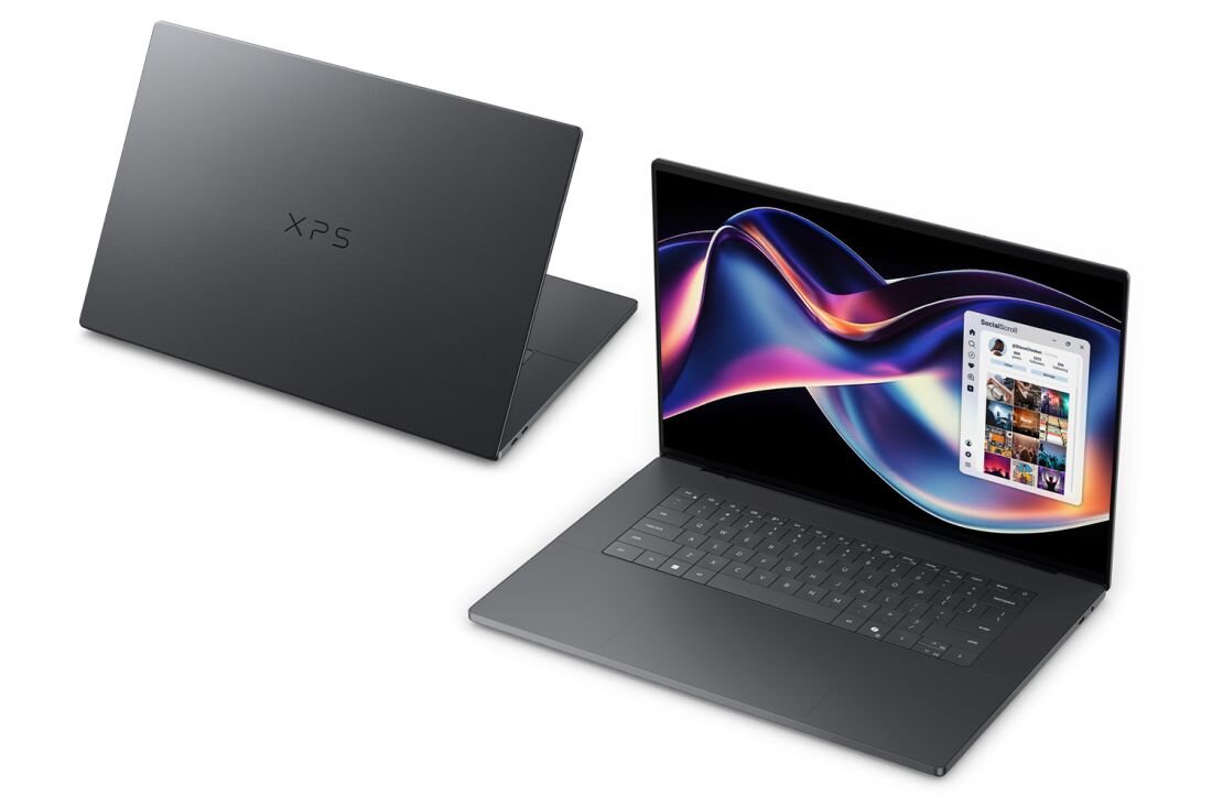 Na obrazie widoczne są dwa laptopy w kolorze ciemnym. Jeden z nich jest otwarty, pokazując ekran z kolorową grafiką i interfejsem, a drugi zamknięty z widocznym logo \'XPS\'.