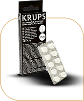 Opakowanie tabletek czyszczących KRUPS z widocznym blistrem zawierającym białe tabletki. Na opakowaniu widoczny jest tekst w języku angielskim dotyczący zastosowania produktu.