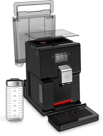 Czarny ekspres do kawy z wyświetlaczem dotykowym i srebrnym panelem z napisem \'KRUPS Intuition\'. Obok ekspresu znajduje się przezroczysty pojemnik z metalową pokrywką.