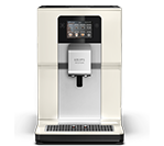 Ekspres do kawy w kolorze białym z wyświetlaczem dotykowym na górze i dyszą do kawy poniżej. Na wyświetlaczu widoczne są ikony i napisy, a na obudowie znajduje się logo KRUPS.