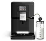 Czarny ekspres do kawy z wyświetlaczem dotykowym i pojemnikiem na mleko z miarką. Na ekspresie widoczne jest logo \'KRUPS\'.