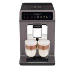 Ekspres do kawy z dwoma filiżankami wypełnionymi napojem mlecznym. Na górze widoczny panel sterowania z przyciskami i wyświetlaczem.
