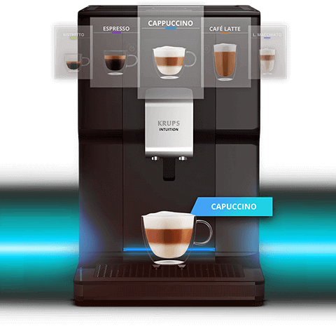 Ekspres do kawy z widocznym logo \'KRUPS Intuition\' przygotowuje cappuccino. Na wyświetlaczu pokazane są różne rodzaje kaw: Ristretto, Espresso, Cappuccino, Café Latte, L. Macchiato.
