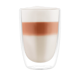 Szklanka z podwójnymi ściankami wypełniona napojem o trzech warstwach: białej, brązowej i ponownie białej.