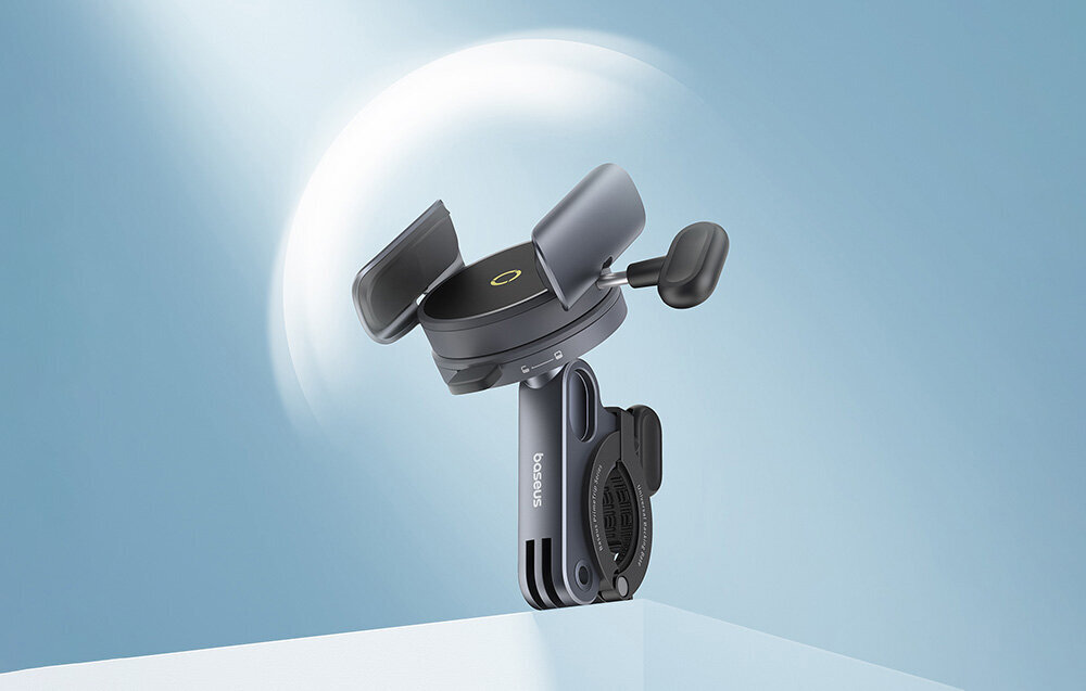 Uchwyt na telefon do roweru w kolorze szaro-czarnym z widocznym logo \'baseus\'. Produkt ma nowoczesny design i jest przedstawiony na jasnym tle.