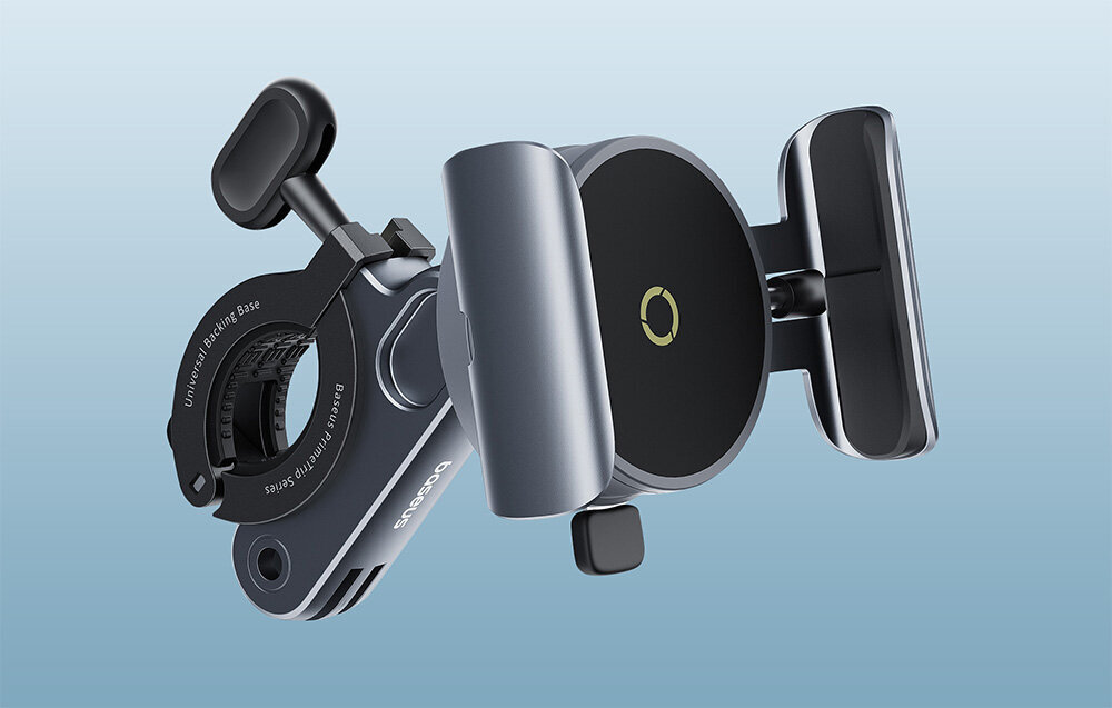 Uchwyt na telefon do roweru w kolorze szaro-czarnym z widocznym logo \'BASEUS\'. Produkt ma magnetyczną powierzchnię i mechanizm mocujący do kierownicy.