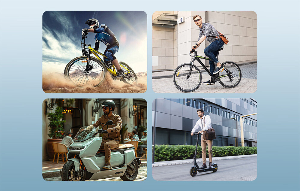 Cztery zdjęcia przedstawiające osoby na różnych pojazdach: rowerze górskim, rowerze miejskim, skuterze i hulajnodze elektrycznej. Każda osoba jest w ruchu w różnych środowiskach miejskich i terenowych.