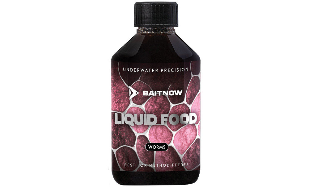 Liquid BAITNOW Food Worms (250 ml) na białym tle widoczna butelka pokarm  płynny preparowane białe robaki syrop  karp leszcz amur ryby spokojnego żeru 