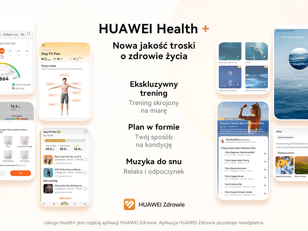 Grafika przedstawia aplikację HUAWEI Health+ z różnymi funkcjami, takimi jak ekskluzywny trening, plan w formie i muzyka do snu. Widoczne są ekrany aplikacji oraz tekst: \'Nowa jakość troski o zdrowie życia\', \'Ekskluzywny trening\', \'Plan w formie\', \'Muzyka do snu\' i logo HUAWEI Zdrowie.