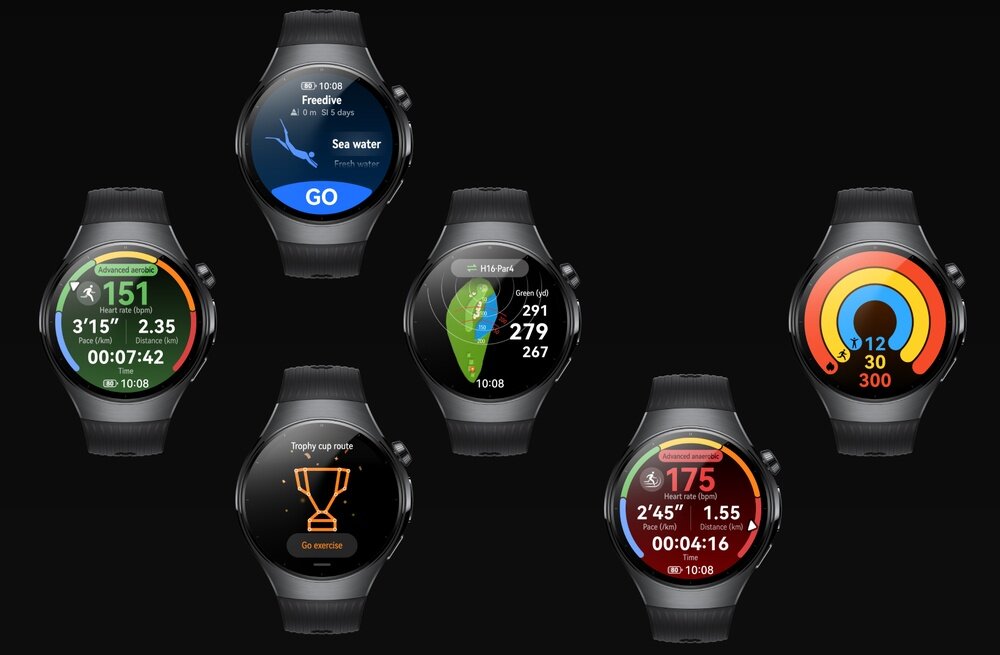 Na obrazie widoczne są sześć smartwatchy z różnymi ekranami wyświetlającymi dane takie jak tętno, mapy, czas i aktywność fizyczną. Każdy zegarek ma okrągły wyświetlacz i czarny pasek.