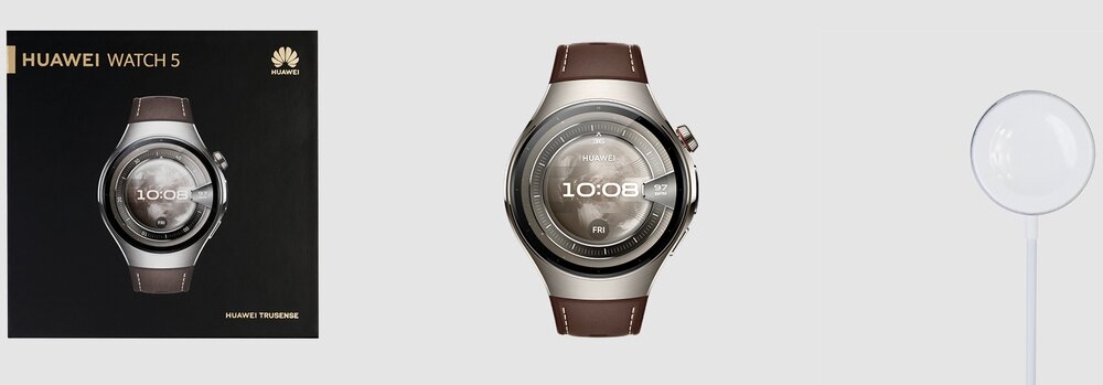 Obraz przedstawia pudełko i smartwatch HUAWEI Watch 5 Classic 46mm w kolorze brązowym oraz okrągłą ładowarkę. Na pudełku widnieje napis \'HUAWEI WATCH 5\' oraz logo HUAWEI.