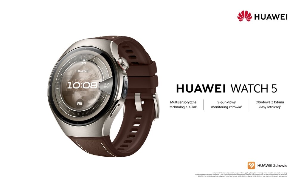 Na obrazie widoczny jest smartwatch z brązowym paskiem i okrągłym wyświetlaczem, na którym pokazana jest godzina 10:08 oraz dzień tygodnia \'FRI\'. Obok zegarka znajduje się tekst: \'HUAWEI WATCH 5\', \'Multisensoryczna technologia X-TAP\', \'9-punktowy monitoring zdrowia\', \'Obudowa z tytanu klasy lotniczej\', a w prawym górnym rogu logo HUAWEI.