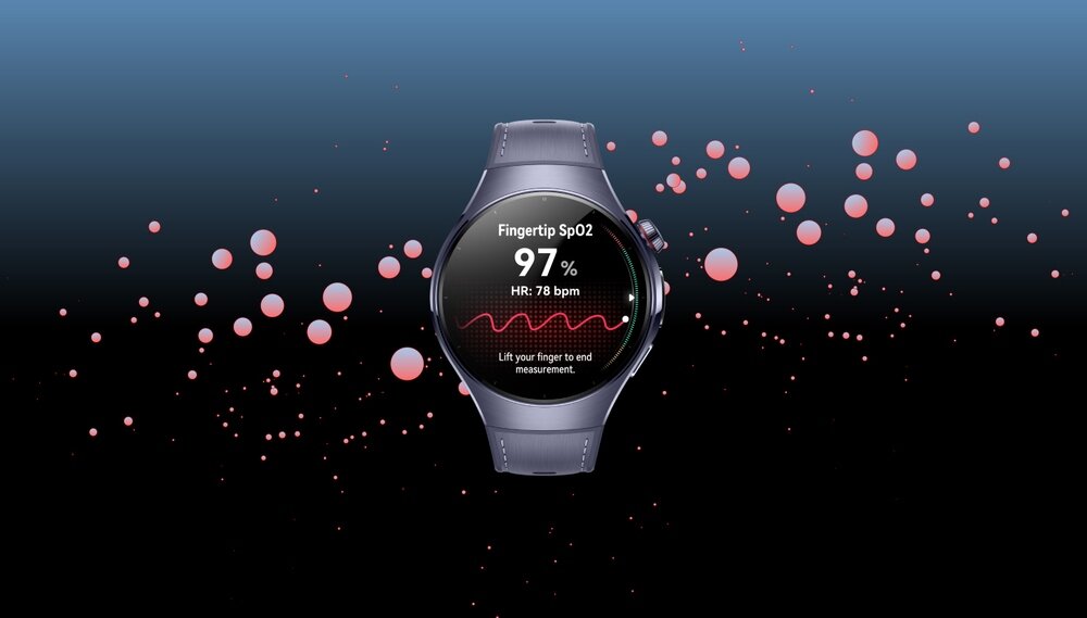 Smartwatch z okrągłym wyświetlaczem pokazuje dane: \'Fingertip SpO2 97%\' oraz \'HR: 78 bpm\'. Tło jest ciemne z różowymi, rozproszonymi kropkami.