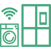 Ikona przedstawia stylizowaną pralkę z symbolem Wi-Fi obok lodówki, wszystko w zielonym kolorze.