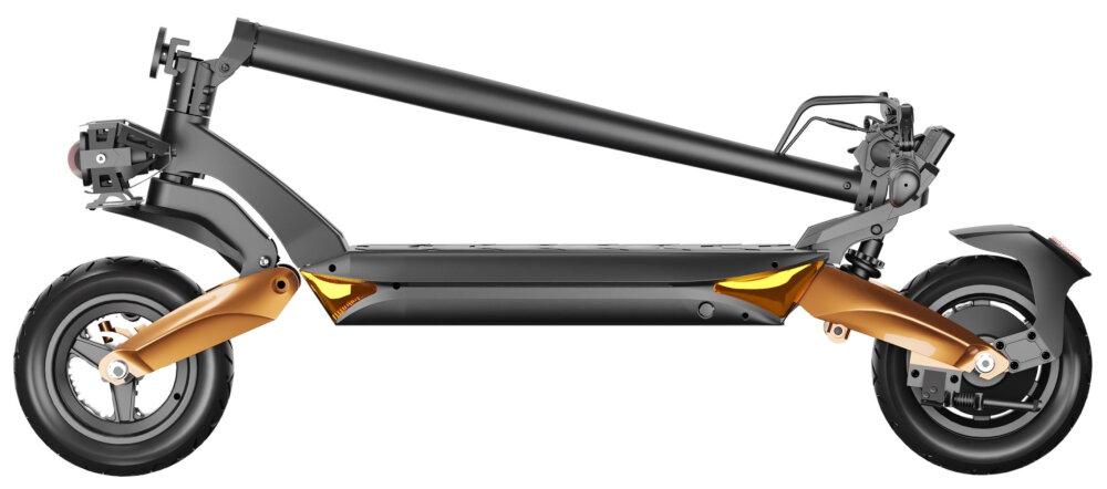 Złożona hulajnoga elektryczna z widocznymi dwoma amortyzatorami i miedzianymi elementami. Koła są duże, a konstrukcja jest solidna i nowoczesna.