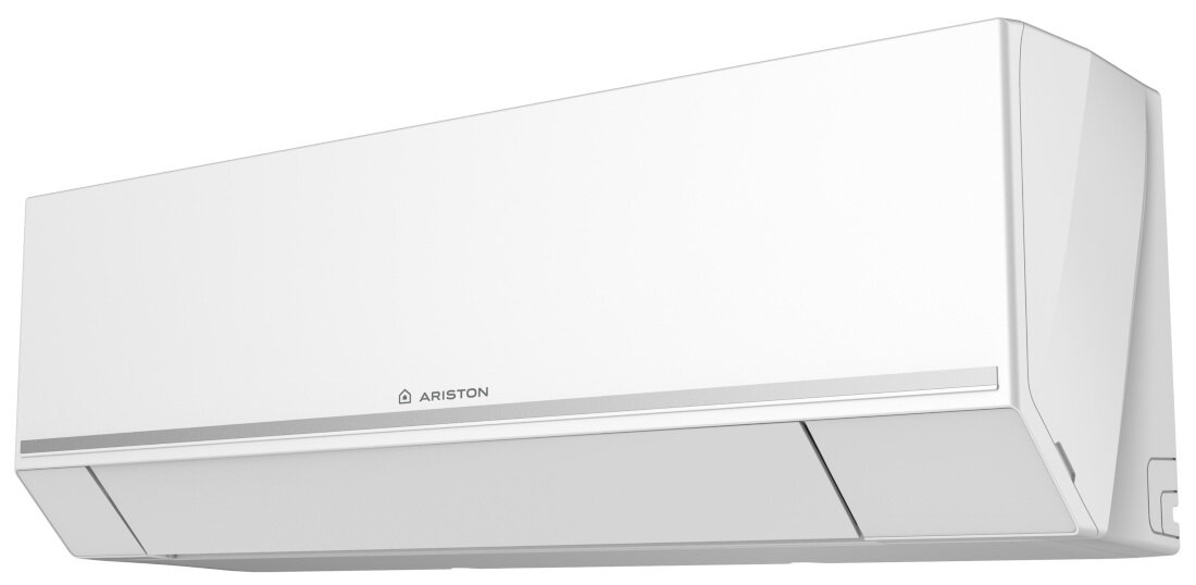 Biały klimatyzator ścienny z logo ARISTON na przednim panelu. Urządzenie ma prosty, nowoczesny design.