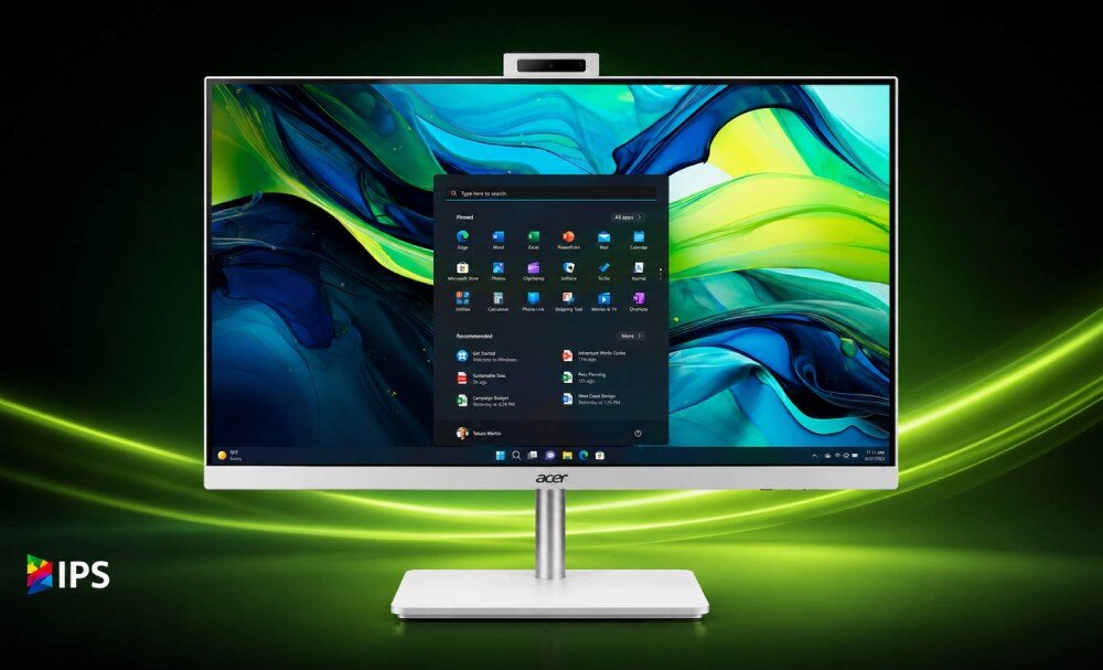 Komputer All in One ACER Aspire C27A-GRPL Komputer typu all-in-one z wyświetlonym menu start systemu operacyjnego na ekranie oraz logo 'IPS' widocznym w lewym dolnym rogu