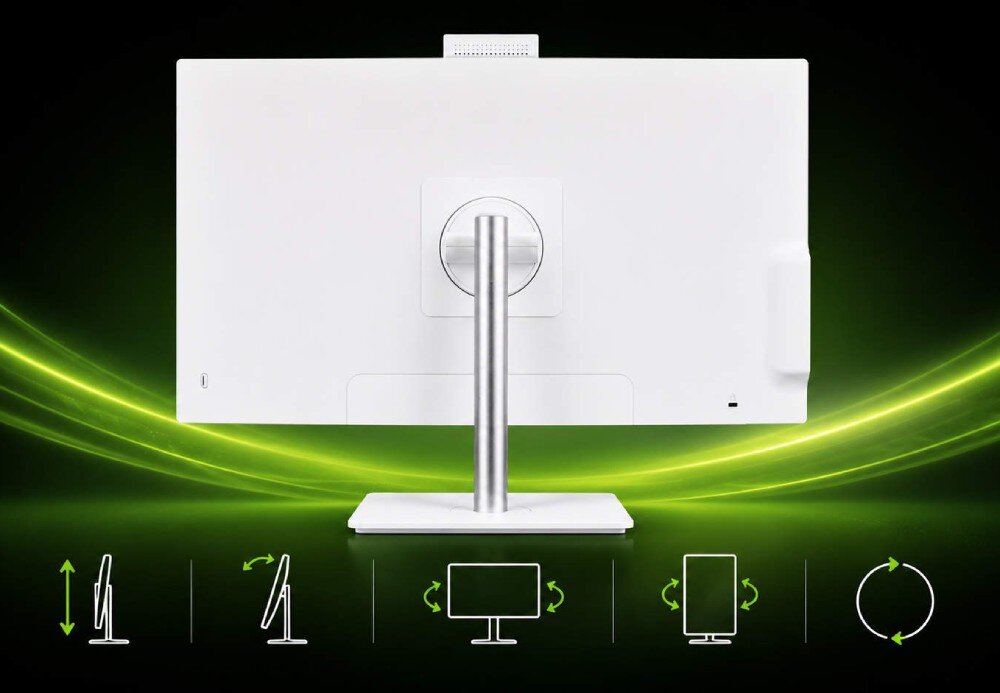 Komputer All in One ACER Aspire C27A-GRPL Widok na tył komputera all-in-one z ergonomiczną podstawą, na dole umieszczono ikony ilustrujące opcje regulacji ekranu