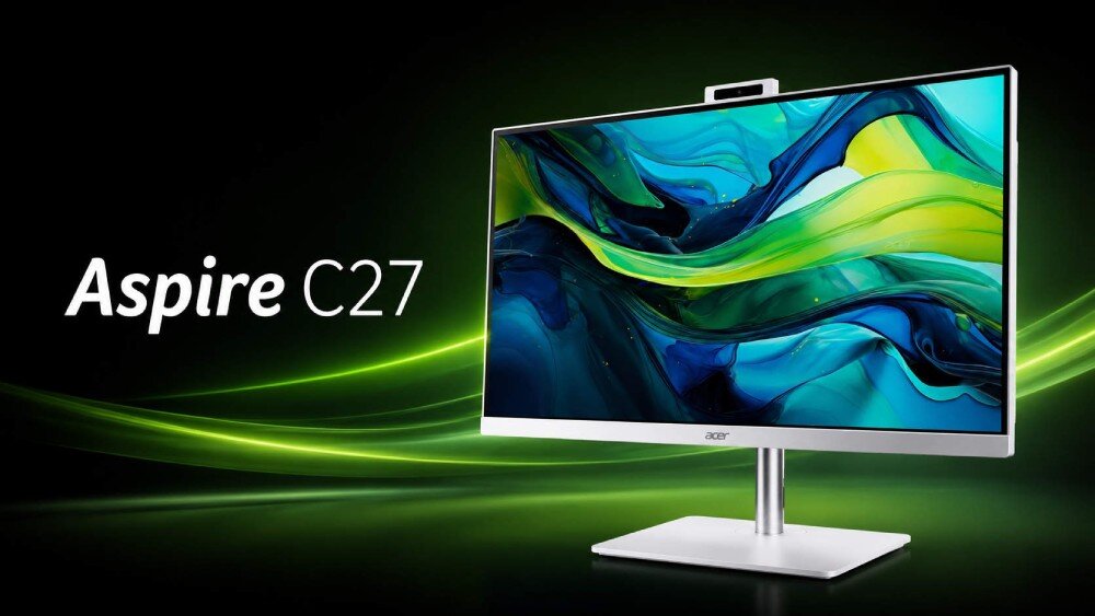 Komputer All in One ACER Aspire C27A-GRPL Komputer typu all-in-one ustawiony pod kątem na ciemnym tle z jasnymi liniami światła, po lewej stronie widnieje napis 'Aspire'
