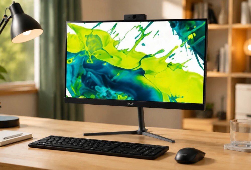 Na biurku znajduje się komputer stacjonarny z dużym monitorem, klawiaturą i myszką. Na ekranie widoczna jest abstrakcyjna grafika w kolorach zielonym i niebieskim, a na obudowie monitora znajduje się logo \'acer\'.