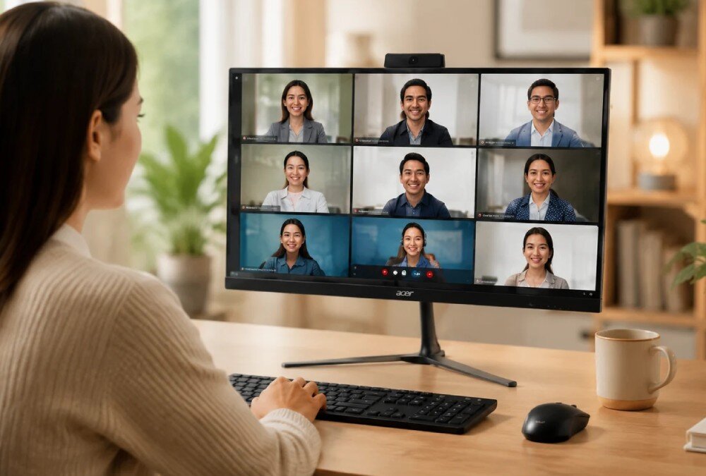 Osoba siedzi przy biurku, patrząc na monitor komputera z logo \'acer\', na którym wyświetlana jest wideokonferencja z dziewięcioma uczestnikami. Na biurku znajduje się klawiatura, mysz i kubek.