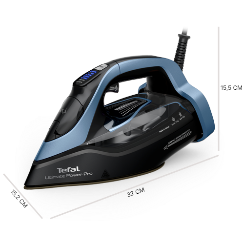Czarne żelazko z niebieskimi elementami, z wbudowanym generatorem pary, oznaczone jako Tefal Ultimate Power Pro. Widoczne wymiary to 32 cm długości i 15 cm wysokości.