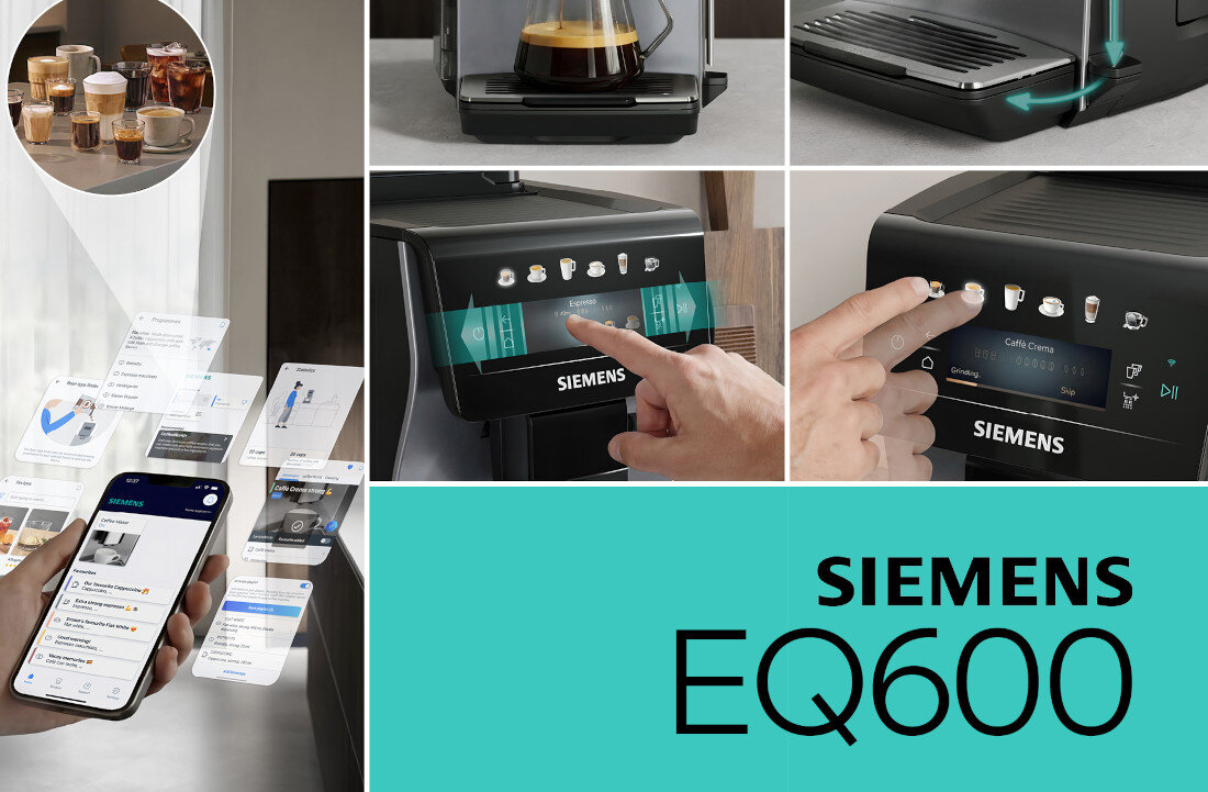 Kolaż przedstawia ekspres do kawy z różnymi funkcjami i interfejsem dotykowym, a także aplikację mobilną na smartfonie. Widoczne jest logo \'SIEMENS EQ600\'.