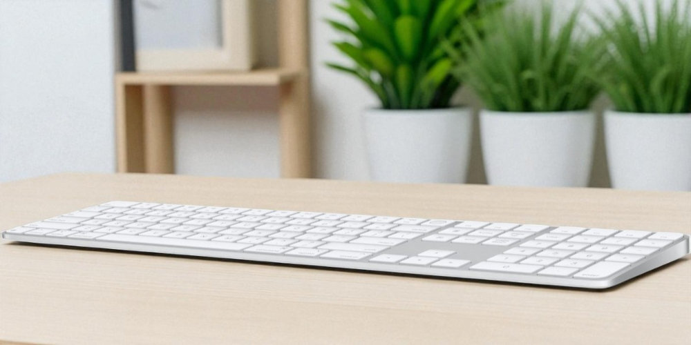 Na drewnianym biurku leży biała klawiatura z numpadem. W tle znajdują się trzy zielone rośliny w białych doniczkach.