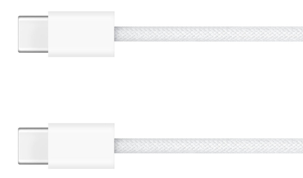 Obraz przedstawia dwa białe kable USB-C z plecionymi osłonami. Kable są ułożone równolegle do siebie.
