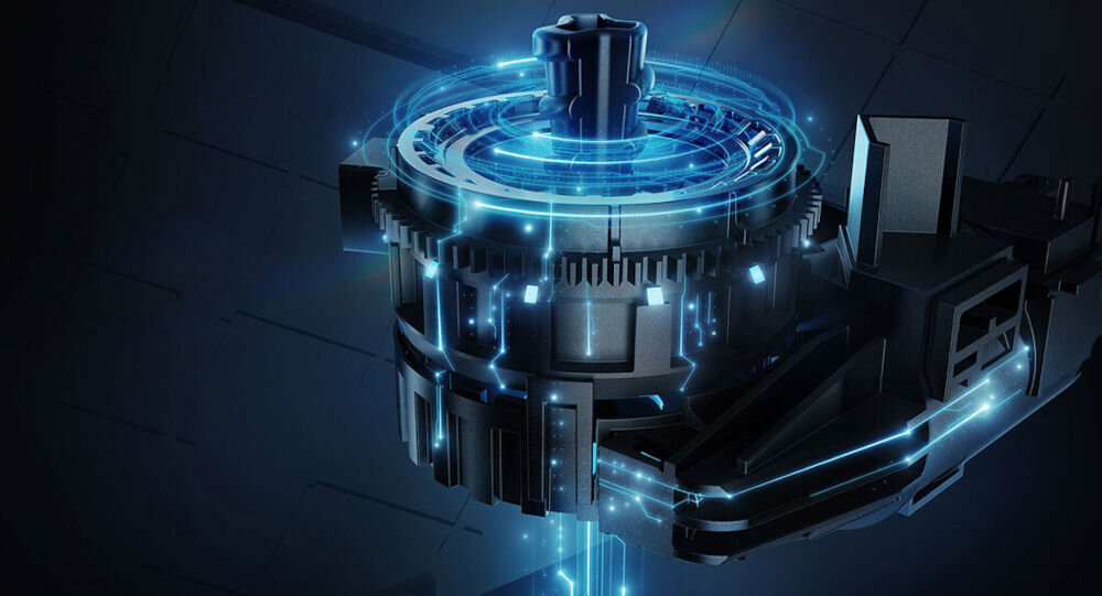 Obraz przedstawia futurystyczny mechanizm z elementami świecącymi na niebiesko, przypominający część technologicznego urządzenia. W tle widoczna jest ciemna, geometryczna powierzchnia.