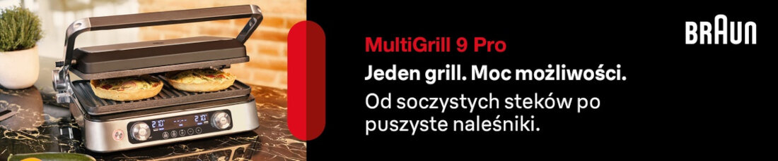 Na obrazie widoczny jest grill z dwoma plackami na ruszcie, a obok znajduje się tekst: \'MultiGrill 9 Pro Jeden grill. Moc możliwości. Od soczystych steków po puszyste naleśniki.\' W prawym górnym rogu widnieje logo \'BRAUN\'.