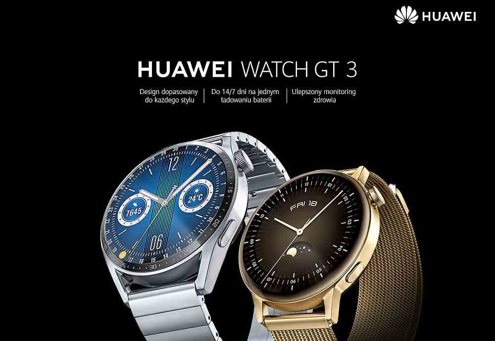 Obraz przedstawia dwa smartwatche z serii HUAWEI WATCH GT 3, jeden w kolorze srebrnym z niebieską tarczą, drugi w kolorze złotym z czarną tarczą. Widoczny jest tekst: \'HUAWEI WATCH GT 3\', \'Design dopasowany do każdego stylu\', \'Do 14/7 dni na jednym ładowaniu baterii\', \'Ulepszony monitoring zdrowia\'.