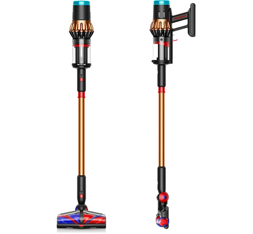 Dwa pionowe odkurzacze bezprzewodowe z miedzianymi rurami i kolorowymi szczotkami na końcach. Odkurzacze mają czarne i niebieskie elementy oraz przezroczyste pojemniki na kurz.