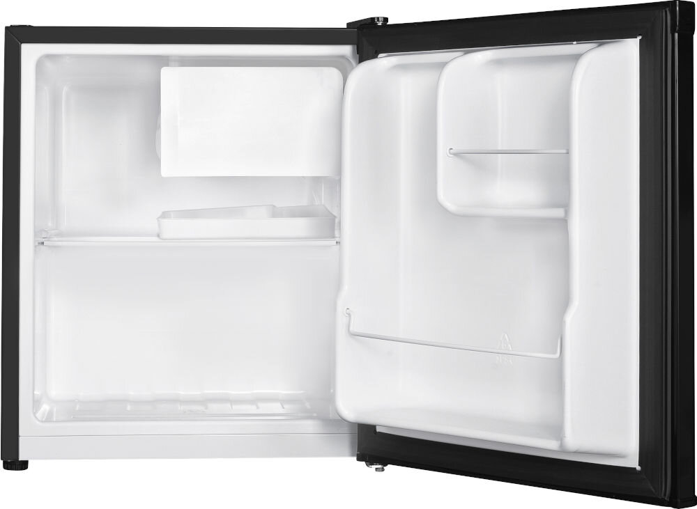 Lodówka GOTZE&JENSEN RB150K 51.5 cm Wnętrze pustej, otwartej lodówki kompaktowej z widoczną półką, zamrażalnikiem i przegrodami na drzwiach. 