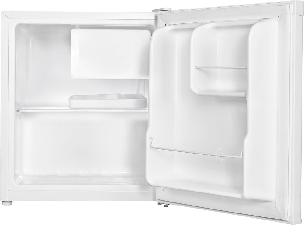 Lodówka GOTZE&JENSEN RB150K 51.5 cm Wnętrze pustej, otwartej lodówki kompaktowej z widoczną półką, zamrażalnikiem i przegrodami na drzwiach. 