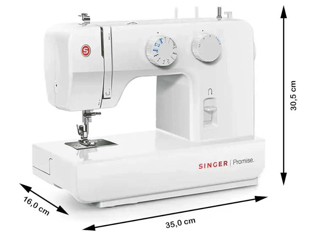 Biała maszyna do szycia z widocznymi pokrętłami i oznaczeniami \'SINGER Promise\'. Wymiary maszyny to 35,0 cm długości, 16,0 cm szerokości i 30,5 cm wysokości.