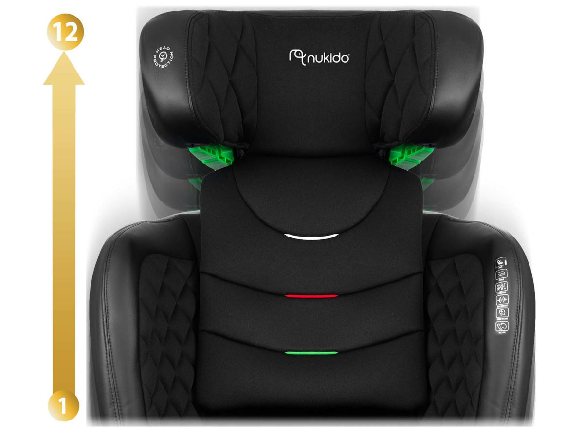 NUKIDO Louis i-Size 12-stopniowa regulacja zagłówka 100 150 cm podparcie głowy i szyi 100 do 150 cm - przedstawienie 12 poziomowej regulacji zagłówka