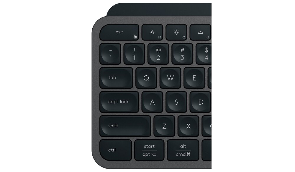 Fragment klawiatury z widocznymi klawiszami: esc, F1, F2, F3, tab, Q, W, E, A, S, Z, X, ctrl, start, alt. Klawisze mają ciemny kolor z białymi oznaczeniami.