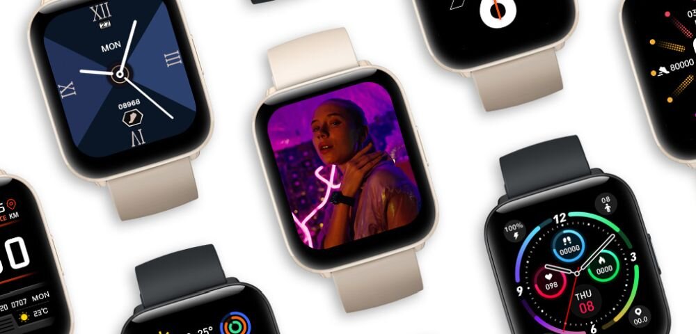 Na obrazie widoczne są różne modele smartwatchy z różnymi tarczami, w tym jeden z białym paskiem i kolorowym wyświetlaczem. Na jednym z ekranów widoczna jest osoba w różowym świetle.