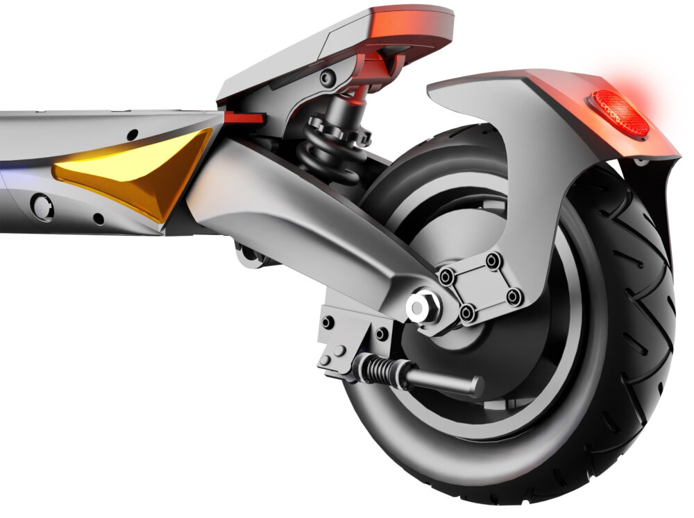 Obraz przedstawia tylną część hulajnogi elektrycznej z widocznym kołem, amortyzatorem i czerwonym światłem. Elementy konstrukcji są w kolorze czarnym i srebrnym, z pomarańczowym odblaskiem.