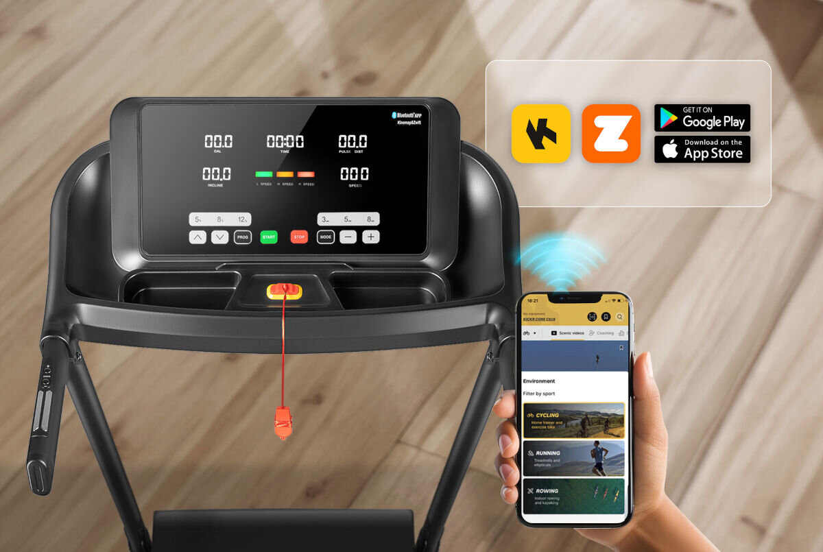 Panel sterowania bieżni z wyświetlaczem pokazującym różne parametry, takie jak prędkość i czas. Obok widoczny jest smartfon z aplikacją oraz ikony sklepów Google Play i App Store.