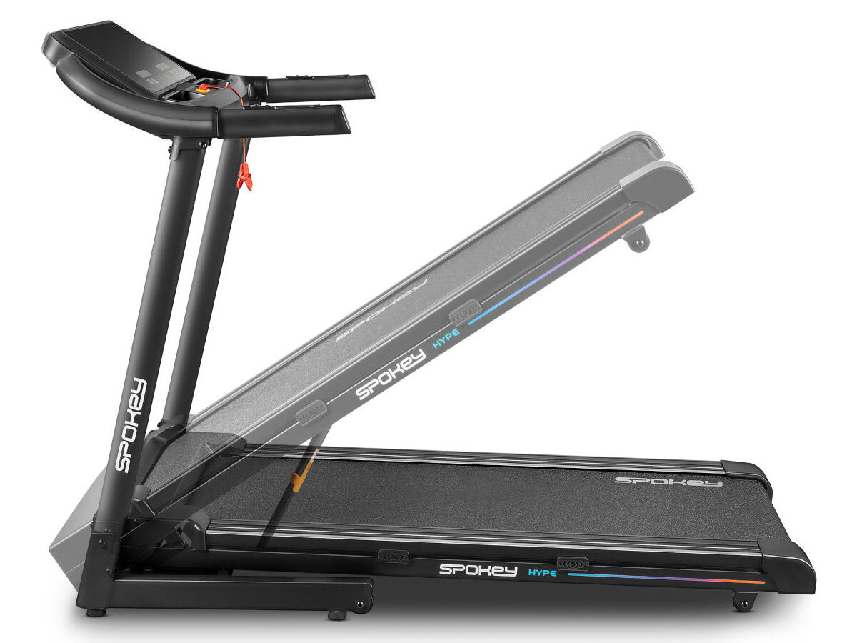 Bieżnia elektryczna z widocznym logo \'Spokey\' na ramie i pasie biegowym. Urządzenie jest pokazane w dwóch pozycjach: złożonej i rozłożonej.