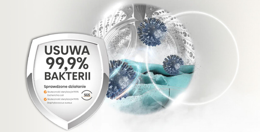 Obraz przedstawia tarczę z napisem \'USUWA 99,9% BAKTERII\' oraz informacjami o skuteczności działania. W tle widoczny jest bęben pralki z wodą i niebieskimi cząsteczkami symbolizującymi bakterie.