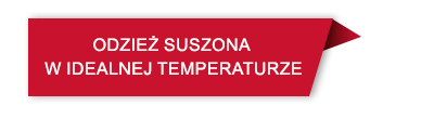 Czerwony prostokąt z czarną obwódką i tekstem \'ODZIEŻ SUSZONA W IDEALNEJ TEMPERATURZE\'.