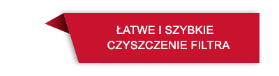 Czerwona etykieta z białym napisem \'ŁATWE I SZYBKIE CZYSZCZENIE FILTRA\'.