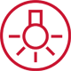 Czerwony symbol przedstawiający okrąg z ikoną żarówki w środku. Wokół żarówki znajdują się linie sugerujące promienie światła.