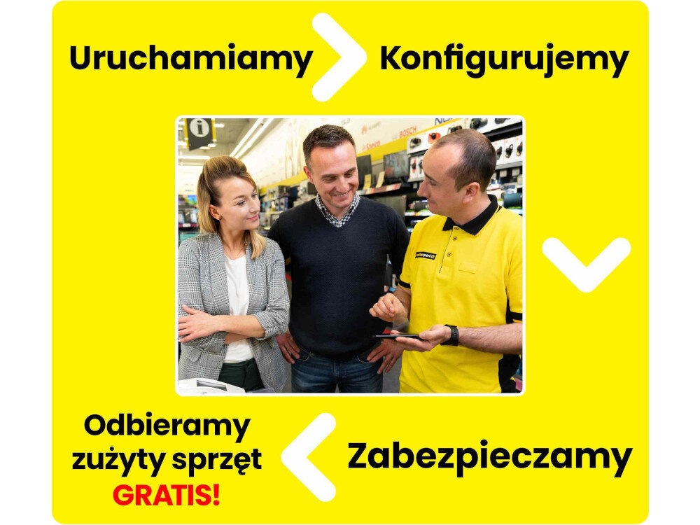 Na żółtym tle widnieje zdjęcie trzech osób w sklepie, z których jedna w żółtej koszulce pokazuje coś na tablecie. Wokół zdjęcia znajdują się napisy: \'Uruchamiamy\', \'Konfigurujemy\', \'Odbieramy zużyty sprzęt GRATIS!\', \'Zabezpieczamy\'.