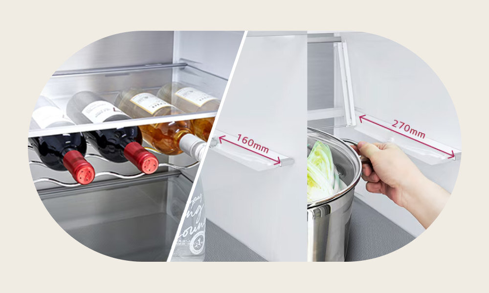 Obraz przedstawia wnętrze lodówki z półką na butelki, na której znajdują się cztery butelki wina. Obok widoczna jest regulowana półka z oznaczeniami \'160mm\' i \'270mm\', a ręka trzyma garnek z warzywami.